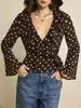 Top de Bolinhas Novo Transfronteiriço Europeu e Americano Decote V Cintura Marcada Retro Francês Gentil Emagrecedor Camisa de Manga Longa para Férias