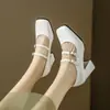 Hebilla de cinturón nueva Zapatos Mary Jane para mujer Punta cuadrada Boca poco profunda Zapatos de una sola capa Tacones altos gruesos Tallas grandes 32-46 Zapatos de comercio exterior