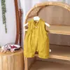 Colete de Verão Fino com Botão Único e Gola Alta para Meninos e Meninas Bebês, Macacão Sem Mangas Novo Estilo Chinês para Meninas
