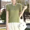 Estilo nuevo de verano algodón puro cuello camisero casual manga corta tejido calado moda torsión delgado corte ajustado camiseta top para mujer