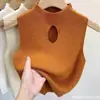 Top sin mangas Principios de otoño Cuello medio alto Corto Calado Tejido Chaleco Vintage Nuevo 2023 Mujer Ajustado Color liso
