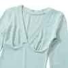 Top básico de manga larga para mujer, escote en V profundo, corte bajo, ajuste ceñido, colección de otoño, adelgazante, ajustado, camiseta sexy