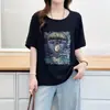 Nova camiseta de algodão de verão para mulheres, manga curta, plus size, com estampa de balão de ar quente com strass, top casual franzido para mulheres, moderno