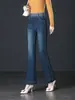 En stock jeans acampanados elásticos de cintura alta con adornos de pedrería para primavera y otoño, corte ajustado, favorecedores, pantalones casuales para mujer con elasticidad