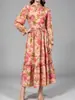 2026 Novo Vestido Longo Feminino Elegante de Chiffon Estampado Retro Francês com Gola Alta, Mangas Bufantes e Cintura Marcada