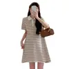 En stock: Vestido de maternidad para verano 2026 nuevo a rayas 100% algodón holgado talla grande con cuello polo vestido tipo camiseta de maternidad