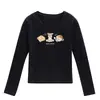 Nuevo Top Negro de Manga Larga con Cuello en U para Mujer de Primavera y Otoño con Estampado de Oso de Dibujos Animados, Corte Ajustado y Juvenil