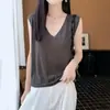 Camisola de Tencel para Mujer, Nuevo Estilo de Verano, Cuello en V, Adecuada para Usar en Capas o Sola, Corte Holgado, Sin Mangas, Capa Base Delgada