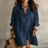 Vestido camisa de linho francês outono novo europeu e americano transfronteiriço, comprimento médio solto, estilo de férias na praia, em estoque