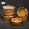 Caja de almuerzo desechable de papel kraft, tazón redondo para ensalada y comida ligera, caja de embalaje bento para frutas, postre, camping, picnic, sushi