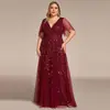 Vestido de noche de malla con lentejuelas, cuello en V, color borgoña, talla grande, con mangas acampanadas, adelgazante y favorecedor, adecuado para bodas y fiestas, vestido largo de comercio exterior