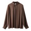 Punto fabricantes al por mayor nuevo café oscuro poste de exhibición JI soporte cuello de pie manga de linterna crepé de seda camisa Mujer