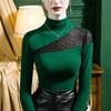 Camisa de cuello medio alto con costura de encaje para mujer, lijado, otoño e invierno 2023, diseño elegante, estilo camisa pequeña para invierno