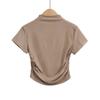 Camiseta Básica de Manga Corta con Pliegues de Cuello Medio Alto Europea y Americana para Mujer Otoño Nuevo Chica Caliente Europea y Americana Ajustada Adelgazante Base