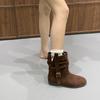 Botas de Cano Médio com Solado Plano Estilo Coreano Design Simples Estilo Retrô para Uso Externo Feminino Outono e Inverno Camurça Bico Redondo Versátil para o Dia a Dia