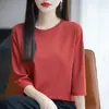 Camiseta de Algodão Penteado com Gola Redonda e Manga Três Quartos para Mulheres, Novo Estilo Primavera e Outono, Camiseta Base de Algodão Casual Elegante, Top Interno Respirável