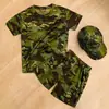 Conjunto de Camuflaje de Manga Corta para Niños Verano Camiseta de Cuello Redondo Ropa de Entrenamiento Militar para Estudiantes de Primaria y Secundaria Camiseta de Malla para Caza y Entrenamiento Físico