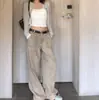 Jeans Khaki Lavado de Cintura Baixa de Alta Qualidade Dongdaemun Coreano para Mulheres, Estilo Casual Largo Solto de Primavera