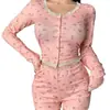 Pijama Sexy Europeo y Americano Transfronterizo Encaje Ajustado Floral de Manga Larga Cárdigan Shorts a la Cintura Ropa de Casa Conjunto para Mujer