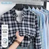 [100% Algodão] Nova coleção de outono: camisa xadrez, 100% algodão, acabamento escovado, resistente a rugas, de manga comprida, para uso business casual, atacado para homens