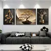 Pintura Decorativa de Pino Bonsái Estilo Chino Nuevo Negro y Dorado para Pared de Fondo de Sala de Estar, Pintura Tríptica de Aleación de Aluminio con Película de Cristal Venta al por Mayor