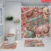 Juego de Cuatro Piezas de Cortina de Ducha y Alfombrilla de Baño con Diseño de Flores y Plantas Transfronterizas para Baño del Hogar, Cortina de Ducha Divisoria de Separación Seca y Húmeda, Cortina de Ducha Impermeable