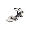 Sandalias romanas elegantes y sexis de estilo francés con tiras y tacón grueso de 2024 pulgadas, de cuero, con punta cuadrada y hebilla abierta para mujer.