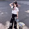 Camiseta POLO de Manga Corta Estilo Academia de Moda para Niñas con Encaje Pantalones Casuales de Pierna Ancha Conjunto de Dos Piezas de Verano Estilo Personalidad para Niñas