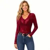 Bestseller transfronterizo europeo y americano: Body de encaje transparente con escote en V profundo y manga larga para mujer, elástico, ajustado, sexy, camisa base de encaje