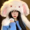 Gorro de peluche de conejo de invierno con orejas móviles, lindo y grueso para abrigar, protección contra el frío y protección para los oídos, haciendo que la cara parezca más pequeña, un gorro Lei Feng
