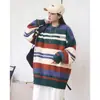 2026 Suéter Pulóver de Cuello Redondo Estilo Hong Kong Otoño para Hombre Tejido de Punto con Bloques de Color Rayas Tie-Dye con Etiqueta Chaqueta Verde Negro