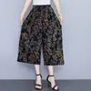 Pantalones anchos de pierna recortada para mujer, pantalón de moda de talla grande, elásticos, de cintura alta, de algodón y seda, con flores, para bailar, para mamá, novedad de verano