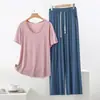 Pijama de Modal para Mujer, Estilo Veraniego Delgado, Tallas Grandes, Manga Corta, Pantalón Largo, Pantalón Casual Holgado de Pierna Ancha, Conjunto para Estar en Casa, Se Puede Usar Afuera