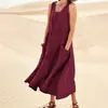 Estación Independiente de Amazon Verano Europeo y Americano Comercio Exterior 19 Colores Bolsillo Sin Mangas Cuello Redondo Vestido de Algodón y Lino para Mujer en stock