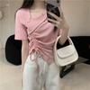 Verão na moda manga curta estilo coreano Little Bird Yiren feminino cor sólida slim-fit gola oblíqua cordão slim-fit top manga curta slim-fit top
