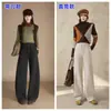 Novas calças femininas de outono e inverno em tecido acetinado floral com forro de fleece, calças retas, calças curvas, calças compridas casuais, calças versáteis de perna larga