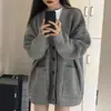 Casaco de tricô cinza de comprimento médio para mulheres outono e inverno outerwear estilo japonês preguiçoso retrô estilo leitoso usar macio pegajoso cardigã de tricô
