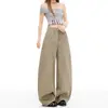 Calça Casual Casual de Sarja Yi Chun com Cintura Alta, Corte 3D, Perna Larga Solta, Lavada, com Vários Botões, Estilo Americano High Street, Comprimento no Chão