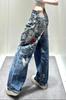 Corrente Pesada Retro Americana Calça Jeans para Mulheres, Design High Street Estampa Digital Colorida Calça Comprida
