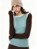 Blusa de tricô redonda com bloqueio de cores retrô estilo francês, manga longa para mulheres, outono, simples e elegante, slim fit, base
