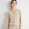Cardigan de malha elegante de cor sólida com fivela, gola redonda, afina a silhueta, para o trabalho, início do outono, suéter feminino de cashmere puro com temperamento