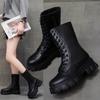 Botas Martin de Cano Alto com Cadarço para Mulheres 2022 Novo Outono Couro com Cadarço Botas para Aumentar a Altura de Solado Grosso para Mulheres Botas de Motocicleta de Solado Grosso para Mulheres