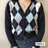 Ajustado adelgazante Americano retro cuello en V rombo a cuadros manga larga corto bm top cárdigan exterior de punto abrigo de otoño para mujer