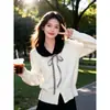 Novo top de malha estilo coreano para outono e inverno, elegante e doce, com laço e gola boneca, de caimento justo, para usar como peça externa