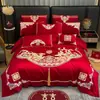 Lujoso juego de cuatro piezas de color rojo brillante para boda, algodón puro con bordado de dragón y fénix, sábana bajera y funda de edredón, ropa de cama para boda