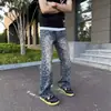 Jeans para hombre con estampado integral de jacquard de estrellas, estilo American high street, lavados y desgastados, pantalones de pierna recta cleanfit acampanados
