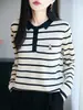 Suéter de polo de lana fina con rayas de bloques de color y bordado exquisito, top versátil y elegante para primavera y otoño