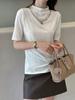 Hengjia QzlJacquard de Triacetato de Alta Qualidade Suéter de Manga Meia-Manga Moda Feminina Chique Gola Meia-Alta Camisa Básica