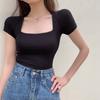 Camiseta de manga corta con cuello cuadrado azul Klein para mujer, ajustada, de verano, con cuello ancho y clavícula, estilo francés, retro, sexy, de media manga.