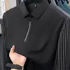 Camisa Polo para Hombre 2026 Primavera y Otoño Nueva Alta Gama Casual de Negocios para Hombre con Media Cremallera y Cuello Camisero Rayada de Manga Larga